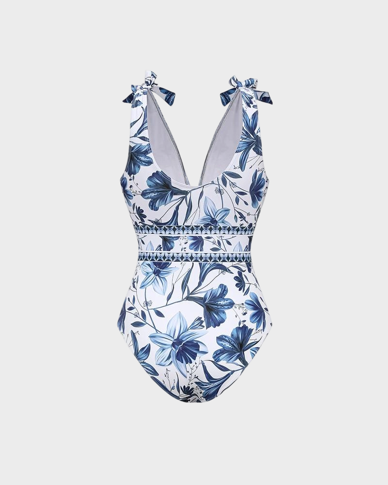 Blue Print Swimsuit Set with Cover Skirt V Neck Swimsuit Dress