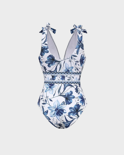 Blue Print Swimsuit Set with Cover Skirt V Neck Swimsuit Dress
