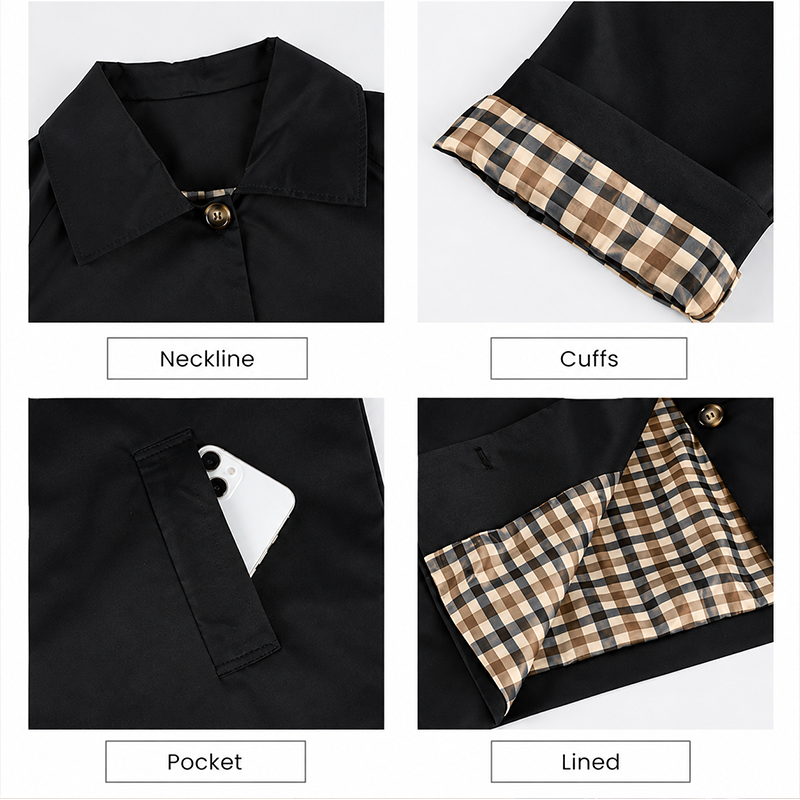 Women's Cropped Trench Coat Oversized Checkered Lining