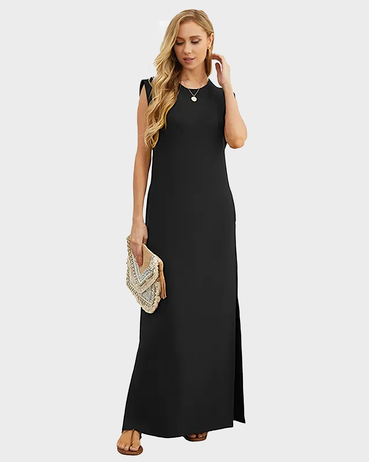 Women's Wrinkle Free Maxi Dress Loose Round Neck Split with Pockets
