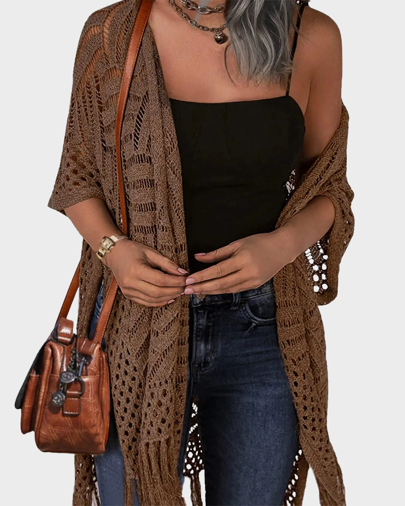 Women's Lightweight Crochet Cardigan Oversized Open Front Tassel Kimono