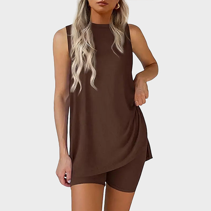 Sleeveless Top And Shorts Solid Color Set