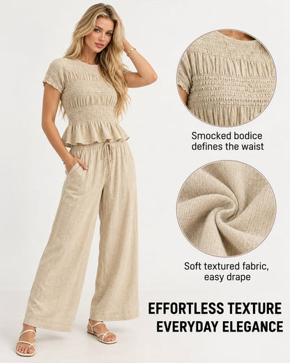 Women's 2 Piece Boho Set Smocked Top Wide Leg Pants