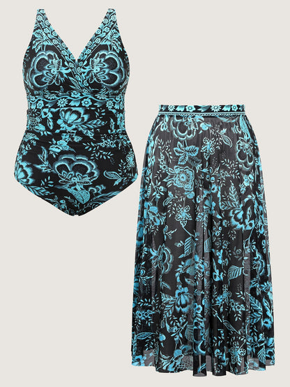 Two-Piece Floral Print Ruched Mesh Swimsuit, Sarong