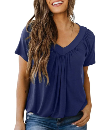 Women's Casual Summer V Neck Short Sleeve T Shirt Loose Fit Comfort Shirred Top
