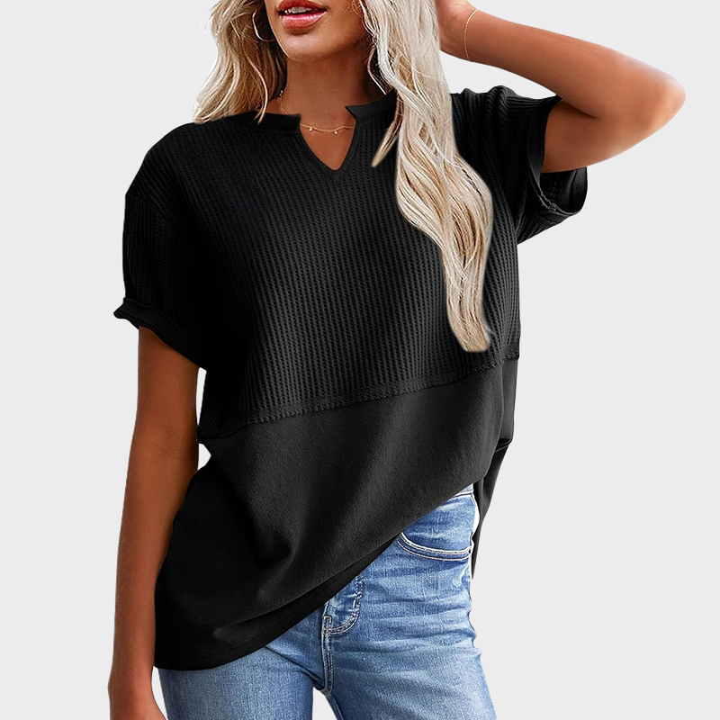 Women's Casual V Neck Waffle Knit Tops Short Sleeve T Shirts