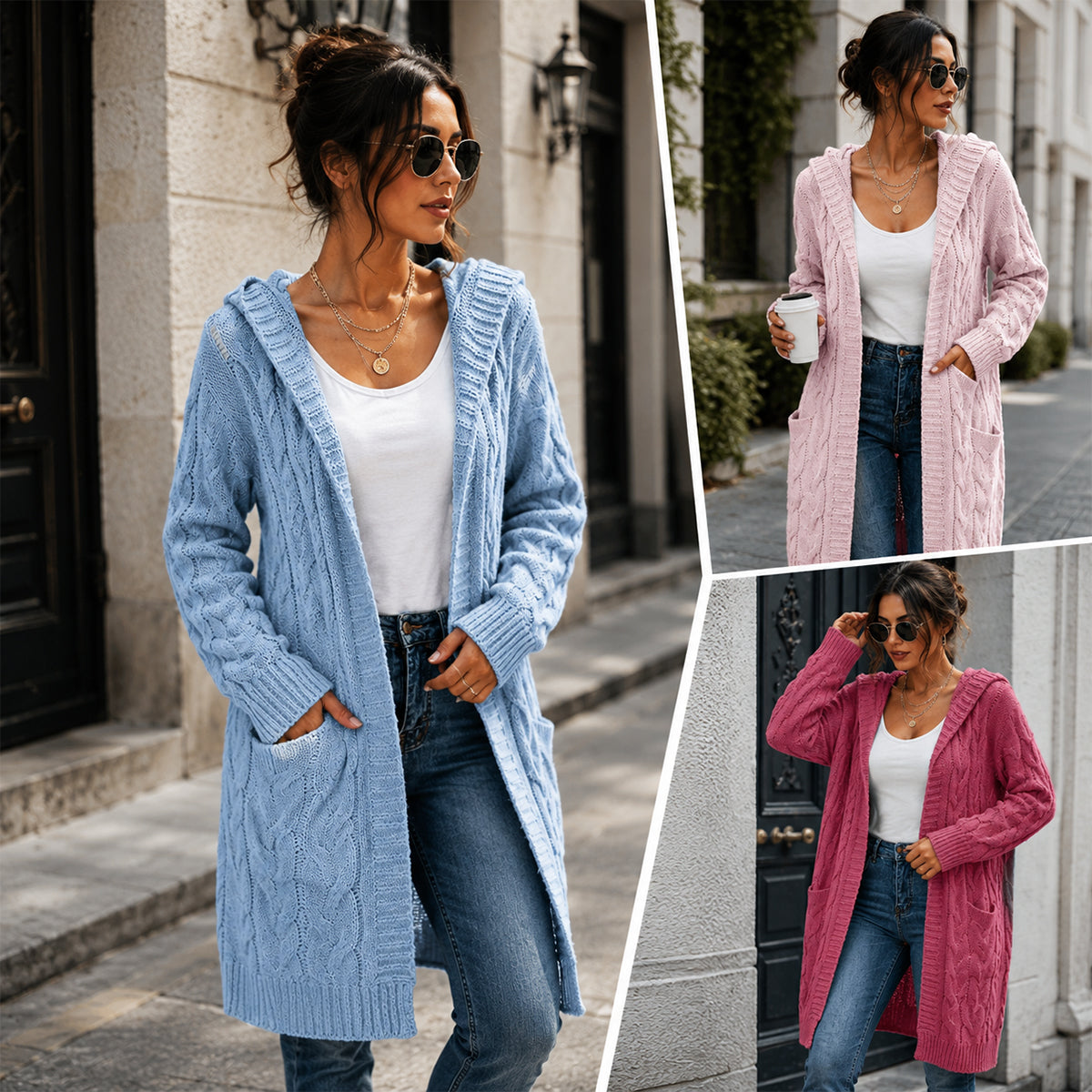 Women's Oversized Cable Knit Hooded Cardigan
