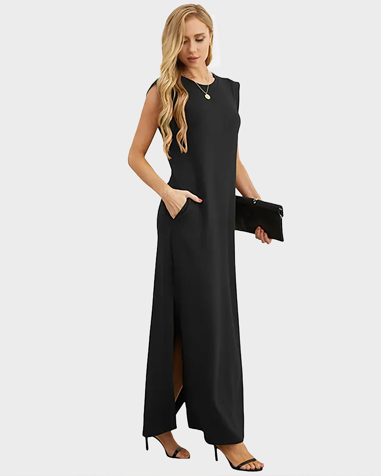 Women's Wrinkle Free Maxi Dress Loose Round Neck Split with Pockets