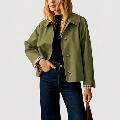 Women's Cropped Trench Coat Oversized Checkered Lining