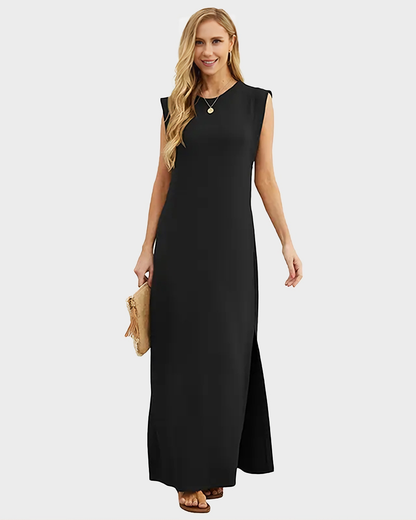 Women's Wrinkle Free Maxi Dress Loose Round Neck Split with Pockets
