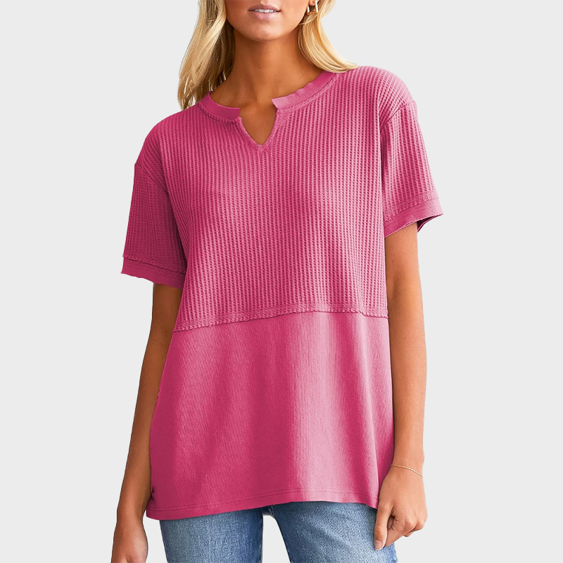 Women's Casual V Neck Waffle Knit Tops Short Sleeve T Shirts