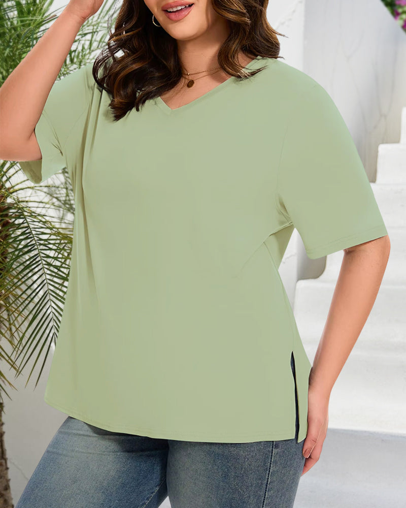 Women's Plus Size Basic Sleeve V-Neck T-Shirts