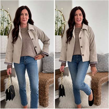 Women's Cropped Trench Coat Oversized Checkered Lining