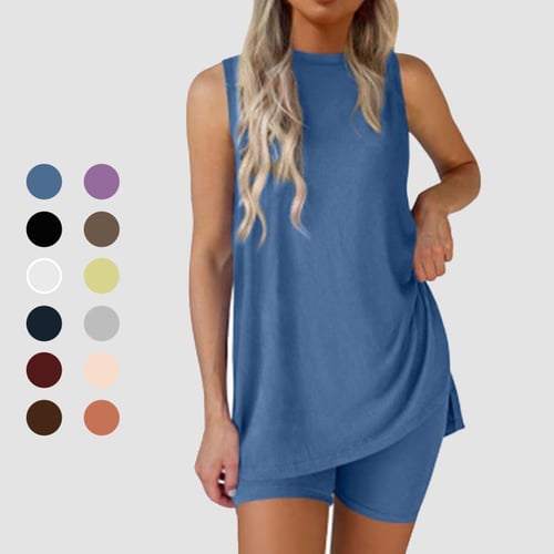 Sleeveless Top And Shorts Solid Color Set