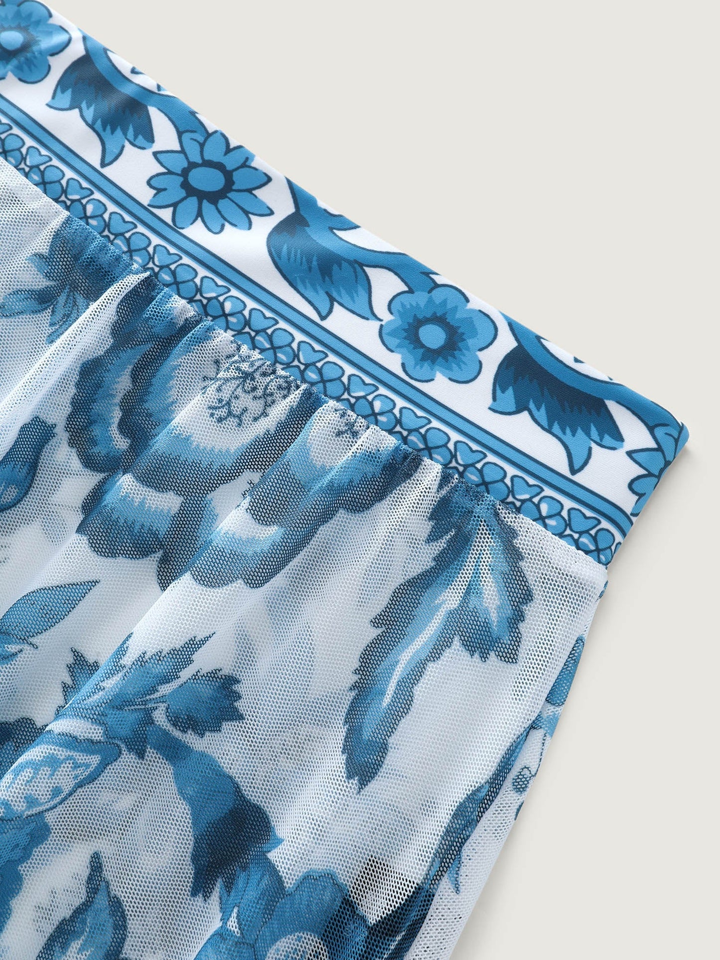 Two-Piece Floral Print Ruched Mesh Swimsuit, Sarong