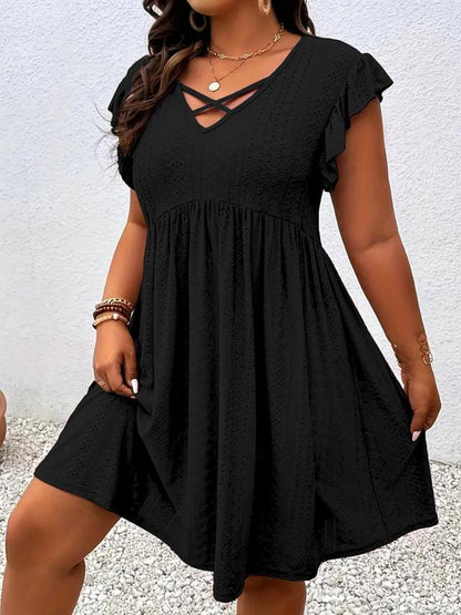 [Plus Size] Solid Color Hollow Out Vneck Dress