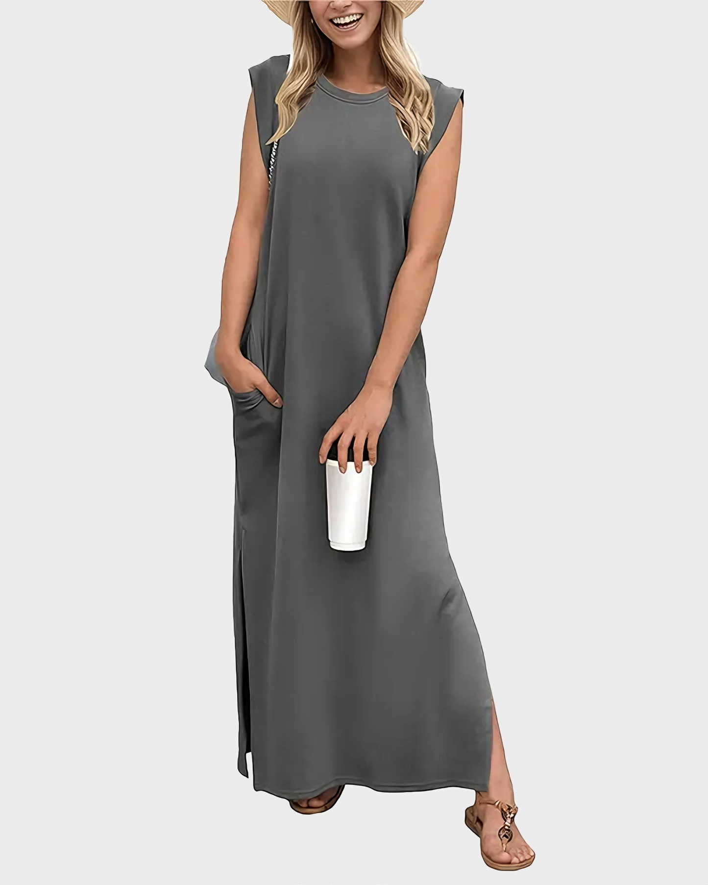 Women's Wrinkle Free Maxi Dress Loose Round Neck Split with Pockets