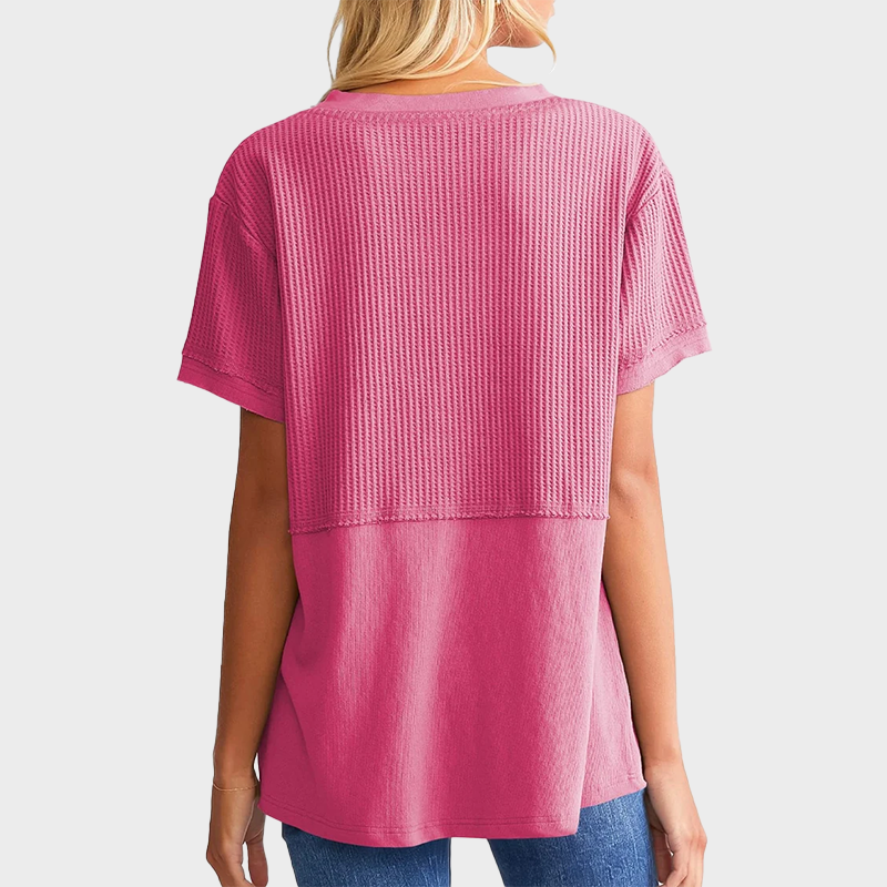 Women's Casual V Neck Waffle Knit Tops Short Sleeve T Shirts