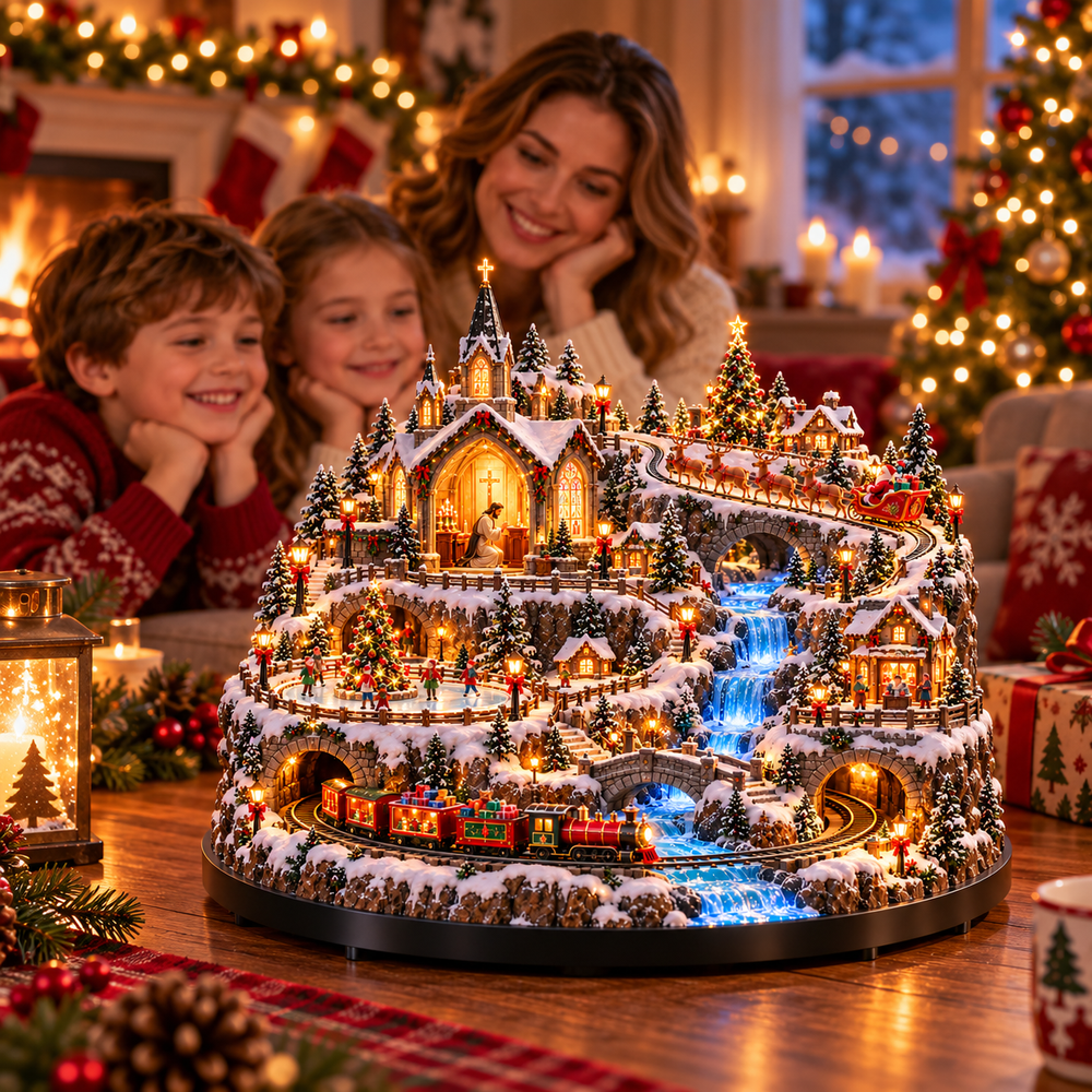 Mother and two children enjoying the illuminated Christmas village in a decorated living room
