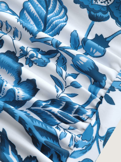 Two-Piece Floral Print Ruched Mesh Swimsuit, Sarong