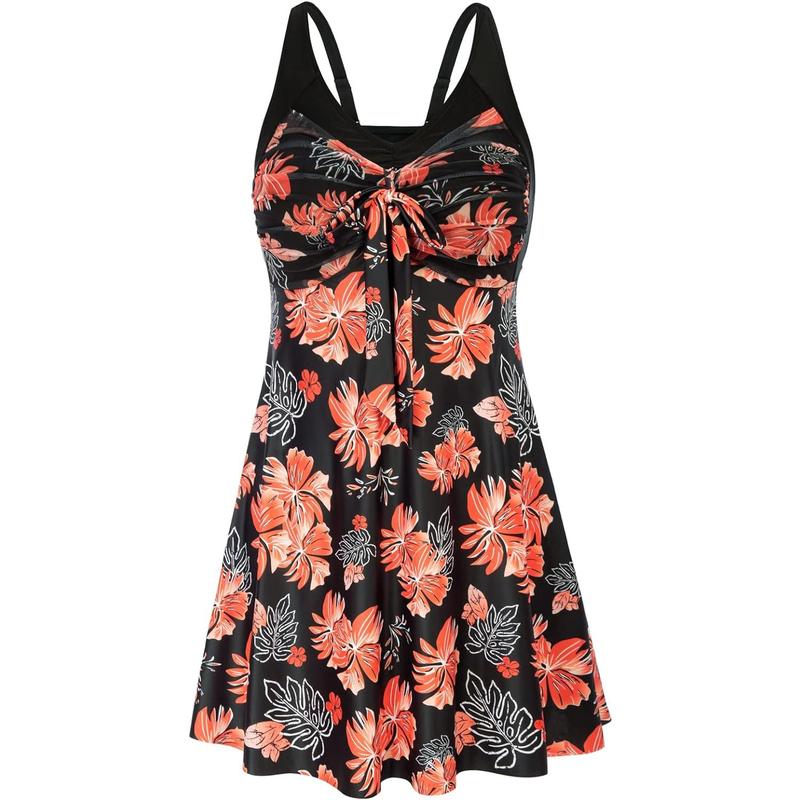 Women's Two Piece Swim Dress Plus Size Tummy Control Tankinis Swimdress Floral Printed Swimwear Swimsuits with Boyshort