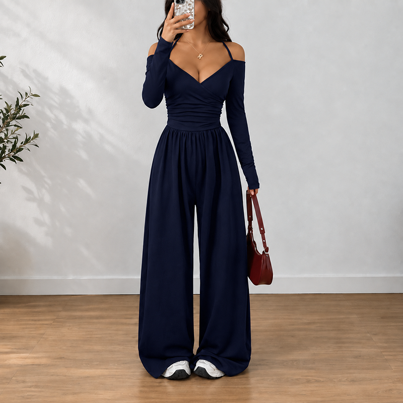 Women's Off Shoulder Pleated Wide Leg Jumpsuit