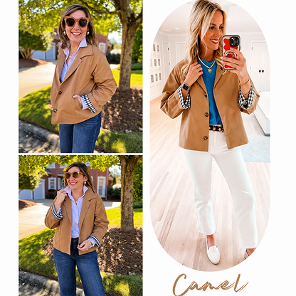 Women's Cropped Trench Coat Oversized Checkered Lining