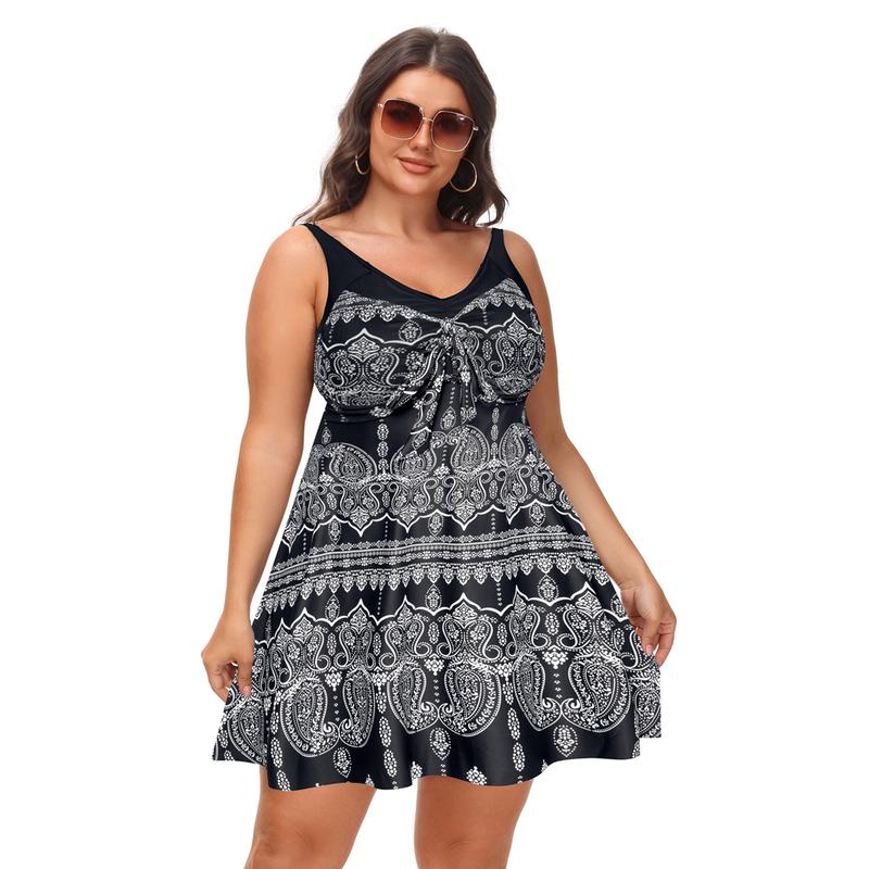Women's Two Piece Swim Dress Plus Size Tummy Control Tankinis Swimdress Floral Printed Swimwear Swimsuits with Boyshort