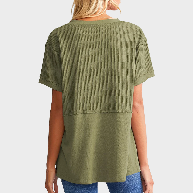 Women's Casual V Neck Waffle Knit Tops Short Sleeve T Shirts