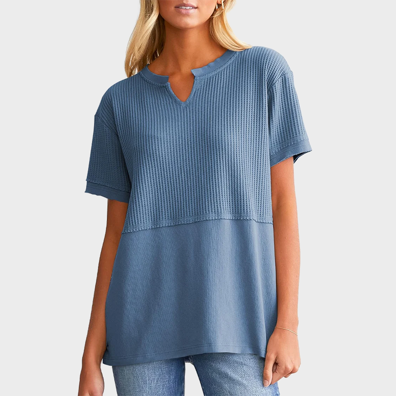 Women's Casual V Neck Waffle Knit Tops Short Sleeve T Shirts