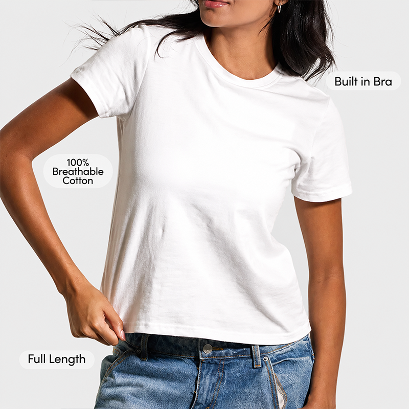 Womens Cotton Tee Boxy Crew Neck with Built in Bra