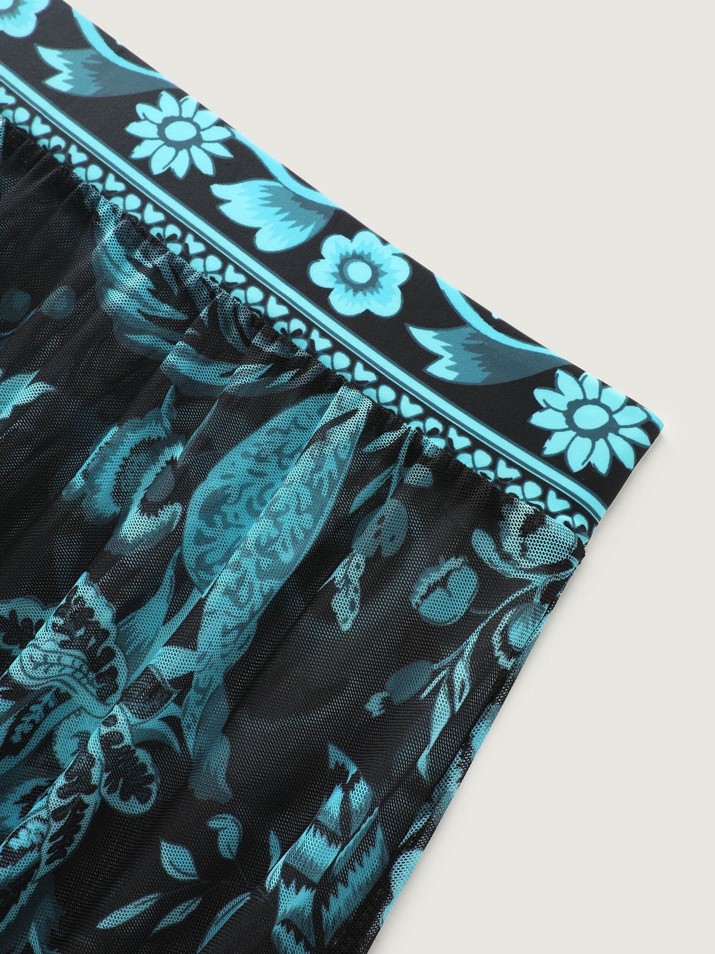 Two-Piece Floral Print Ruched Mesh Swimsuit, Sarong