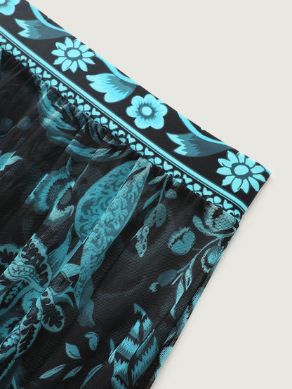 Two-Piece Floral Print Ruched Mesh Swimsuit, Sarong