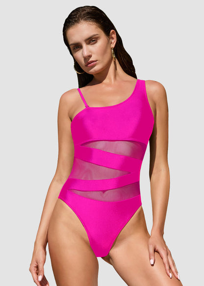 Mesh One Shoulder Slimming One Piece Swimsuit