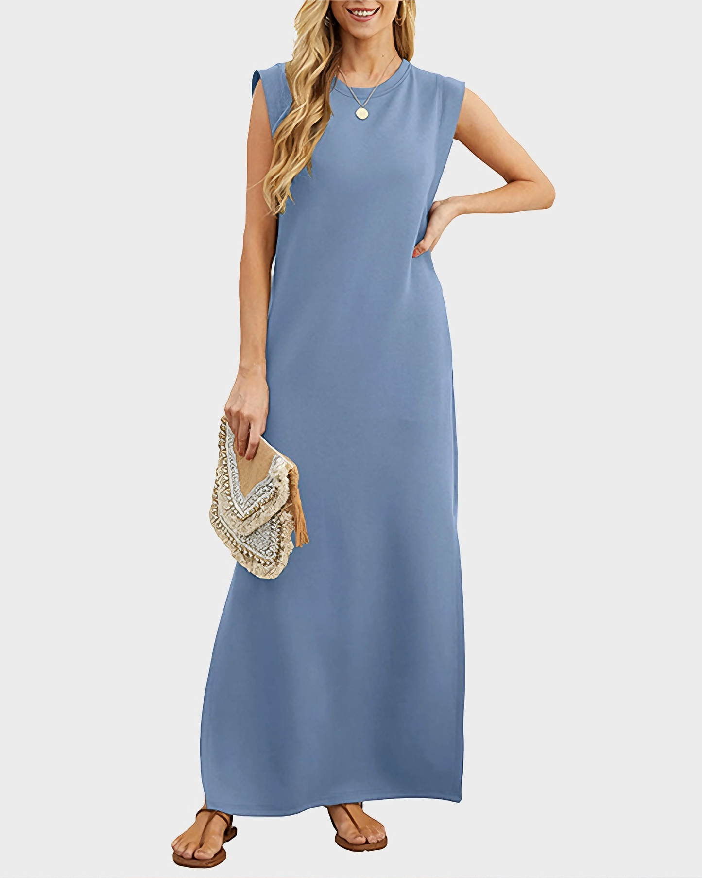 Women's Wrinkle Free Maxi Dress Loose Round Neck Split with Pockets