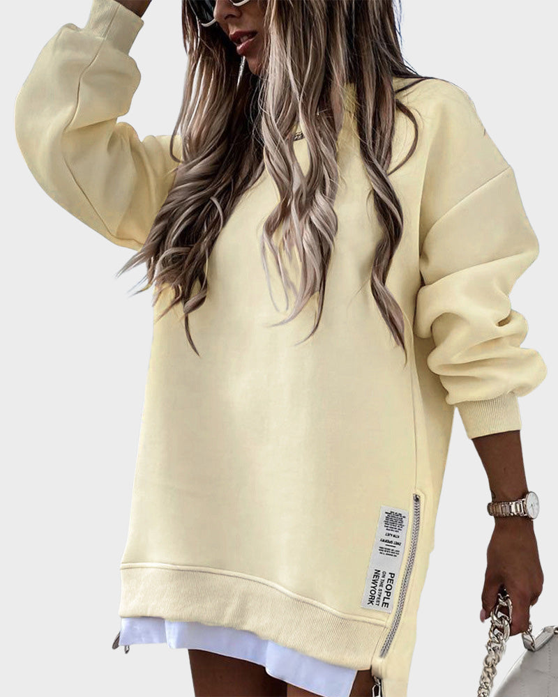 Casual Long Sleeve Zipper Slit Oversized Sweatshirt