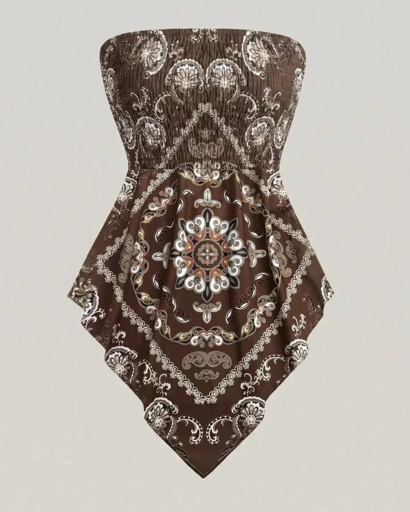 Boho Ethnic Print Tube Top Asym Hem