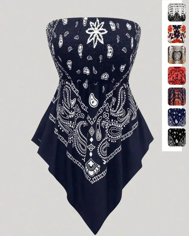Boho Ethnic Print Tube Top Asym Hem