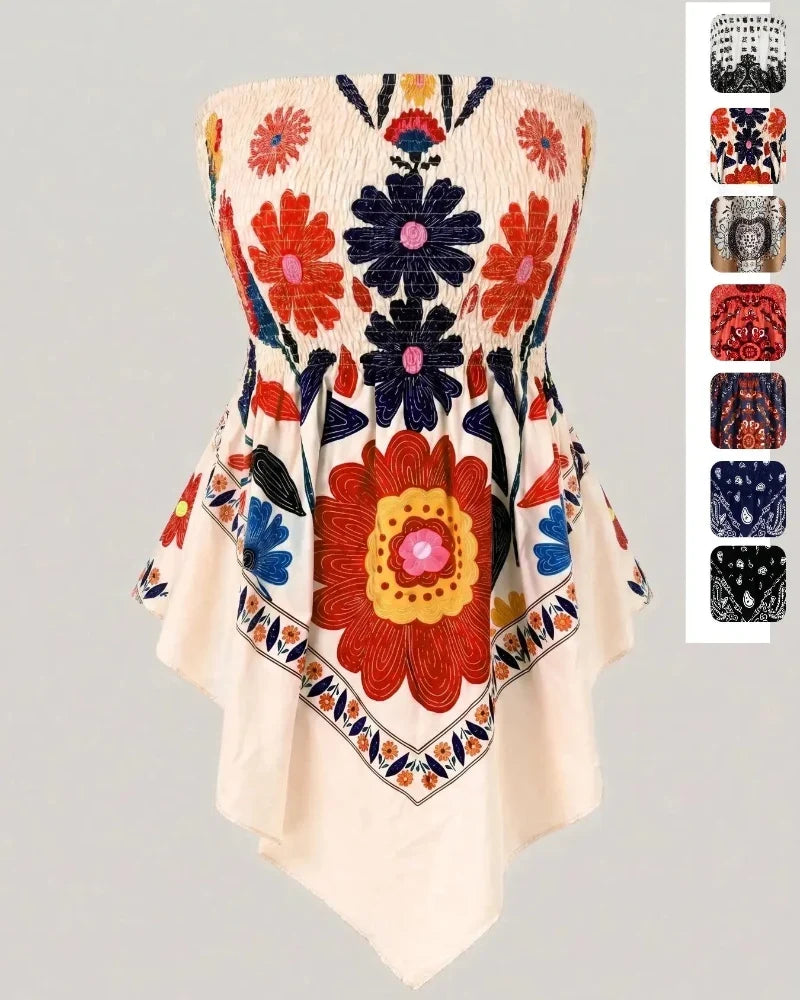 Boho Ethnic Print Tube Top Asym Hem