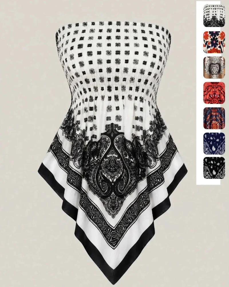 Boho Ethnic Print Tube Top Asym Hem