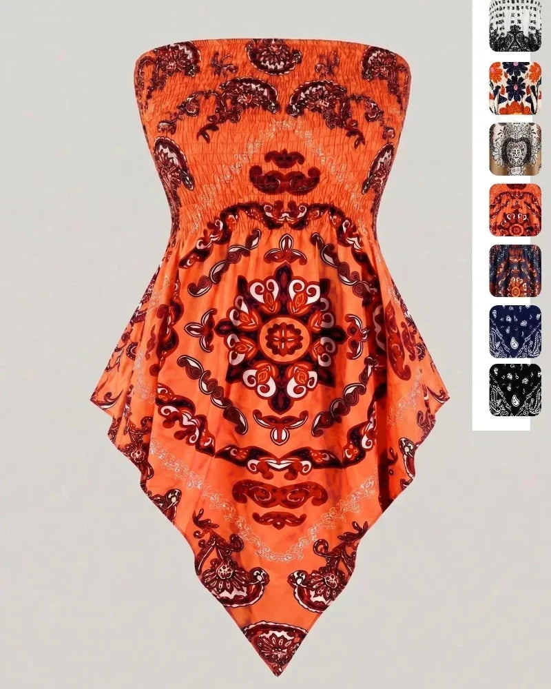 Boho Ethnic Print Tube Top Asym Hem