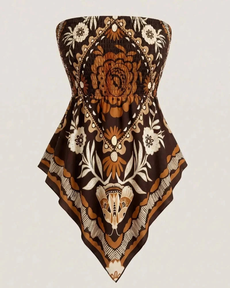 Boho Ethnic Print Tube Top Asym Hem