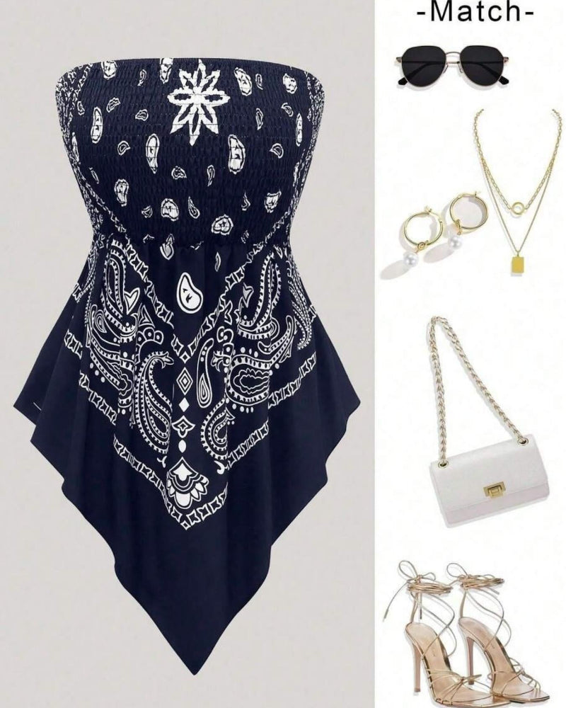 Boho Ethnic Print Tube Top Asym Hem