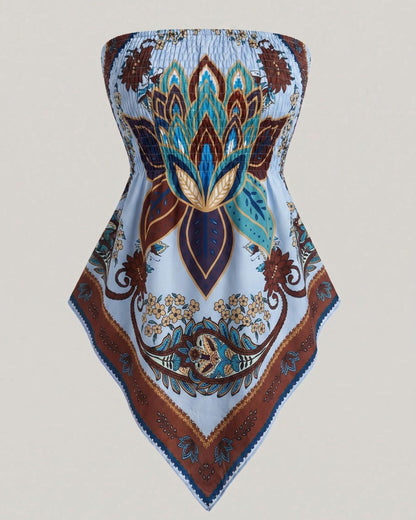 Boho Ethnic Print Tube Top Asym Hem