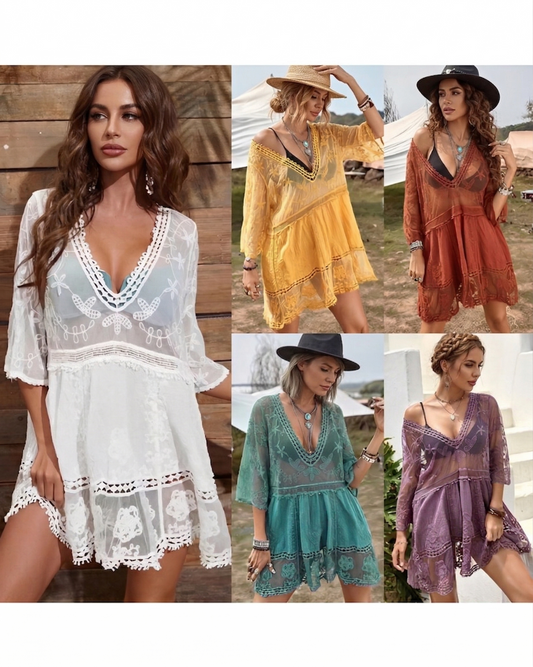 Boho Lace Beach Cover-Up Dress – V-Neck Sheer Swim Cover