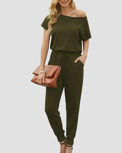 Off-Shoulder Short Sleeve Beam Foot Jumpsuit