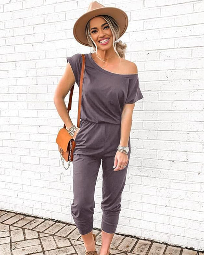 Off-Shoulder Short Sleeve Beam Foot Jumpsuit