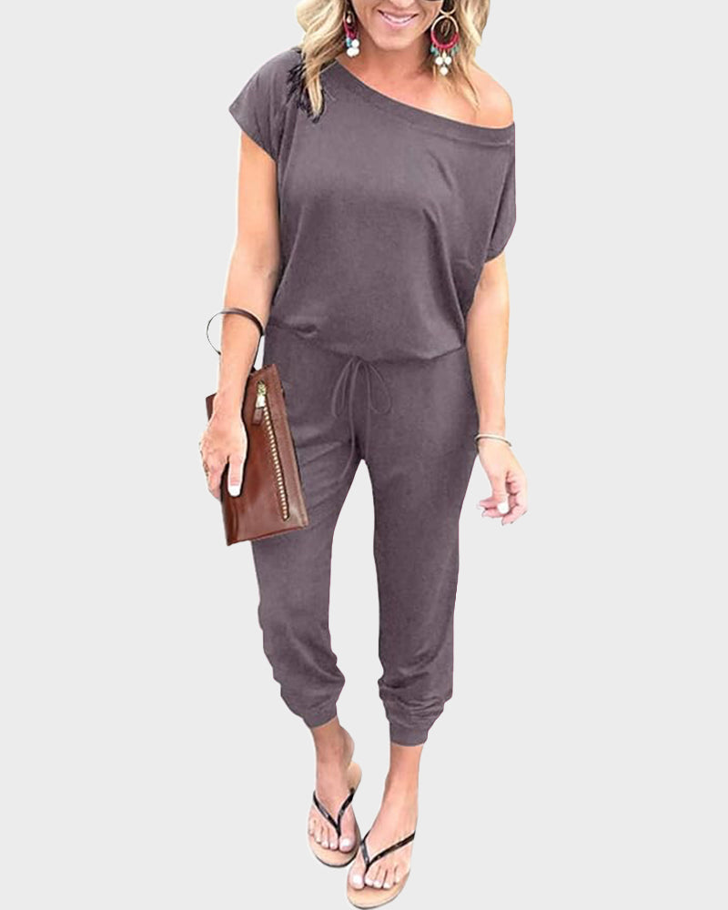 Off-Shoulder Short Sleeve Beam Foot Jumpsuit