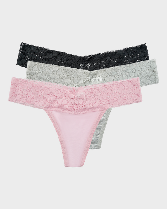 Seamless Low-Rise Lace Thong Panties (3 Pack)