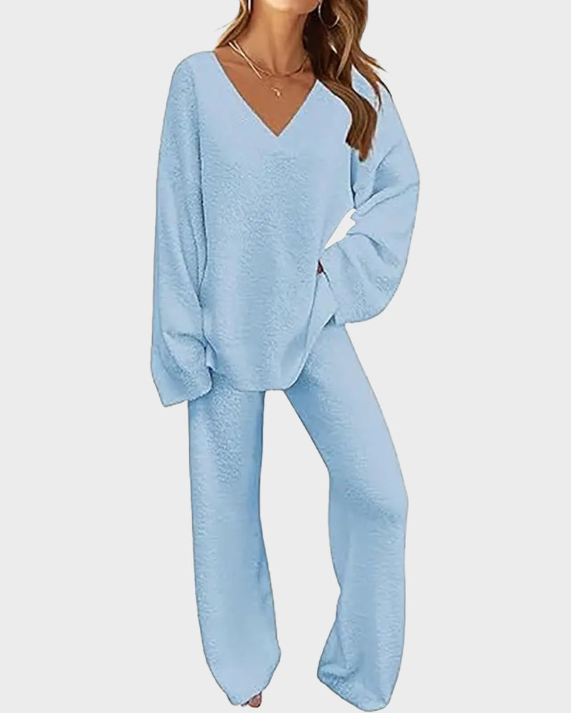 Soft Fuzzy V-Neck Loungewear Set